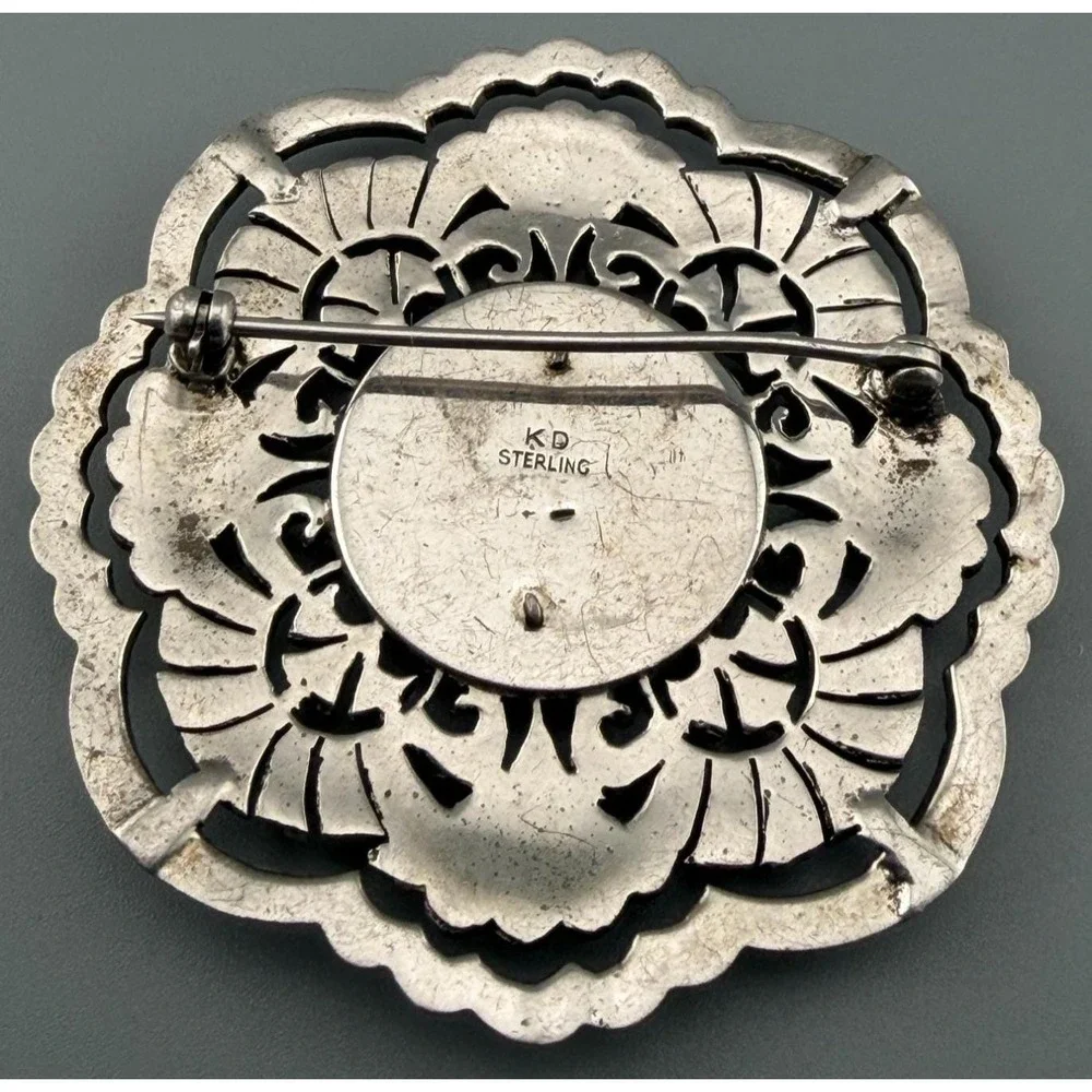 Vintage Art Deco Brooch Sterling Silver Floral Marcasite Black Onyx Center READ